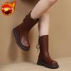 Round Toe Leather Platform Ladies Mid Calf Shoes Autumn Winter Fleece-Lined with Laces Women's Half High Boots Trend 2025 Boot