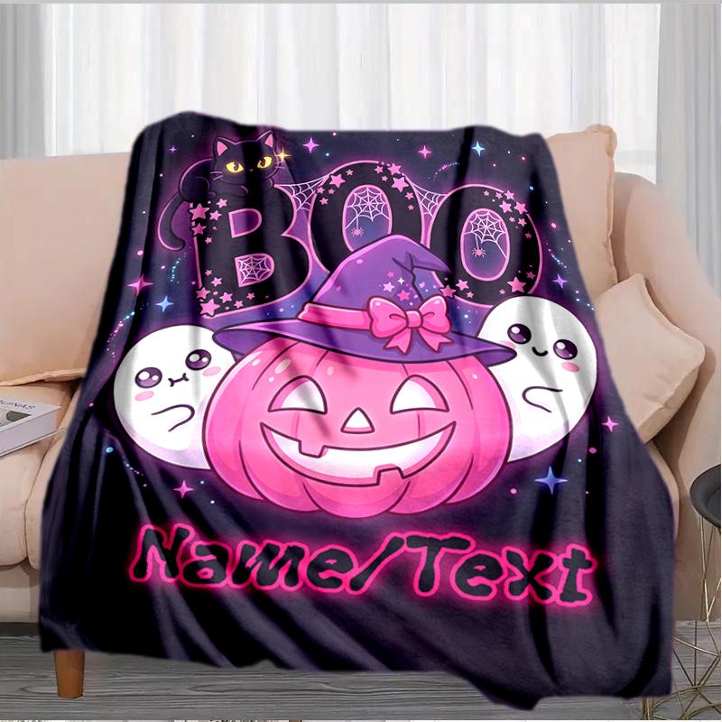 1PC Custom Name Halloween Boo Pumpkin Ghost Outdooor Flannel Blankets Throw Blanket All-Season Throw Gift Bedspread for Couch, Bed, Camping Holiday Bi