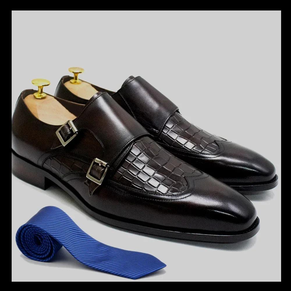 

Classic Men s Dress Shoes Genuine Leather Double Buckles Monk Strap Wingtip Crocodile Print Business Office Formal Shoes for Men 46