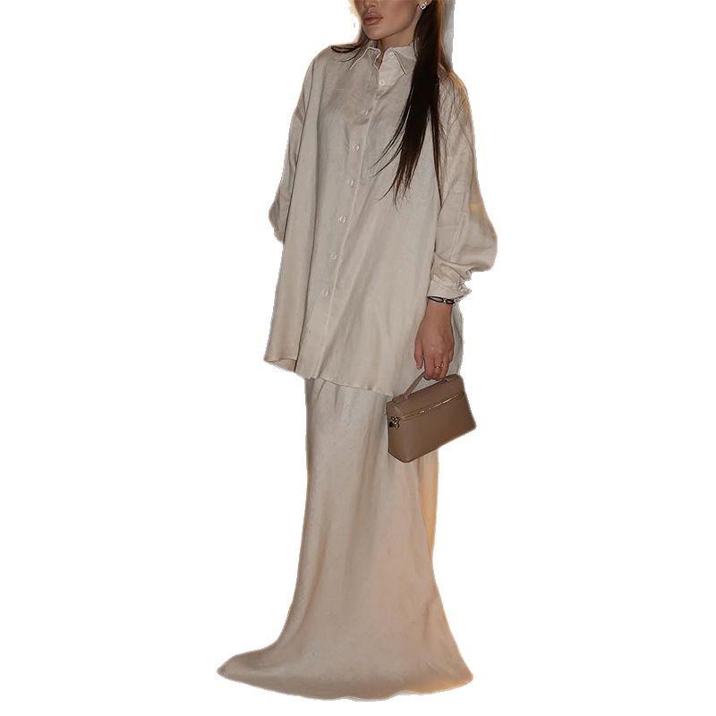 European & American Women's Spring/Summer 2025 Fashion: Loose Turn-down Collar Long-Sleeve Shirt & High-Waist Midi Skirt Set