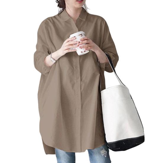 Women Shirt Lapel Long Sleeve Single Breasted Shirt Tops Solid Color Mid-length Irregular Shirt Tops Work Wear