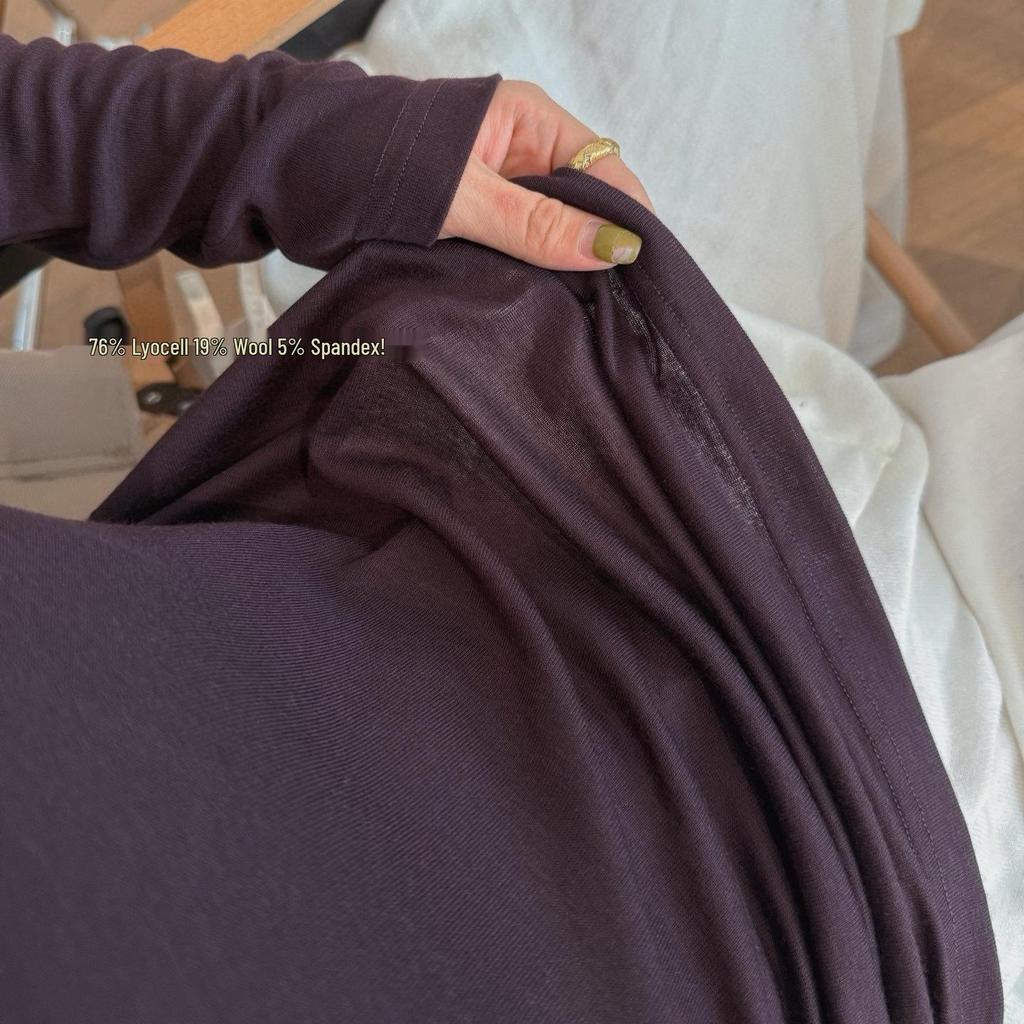 High-Quality Women's Lyocell Tencel Wool Long-Sleeve Base Layer Top, Wearable as Outerwear, with Round Neck.