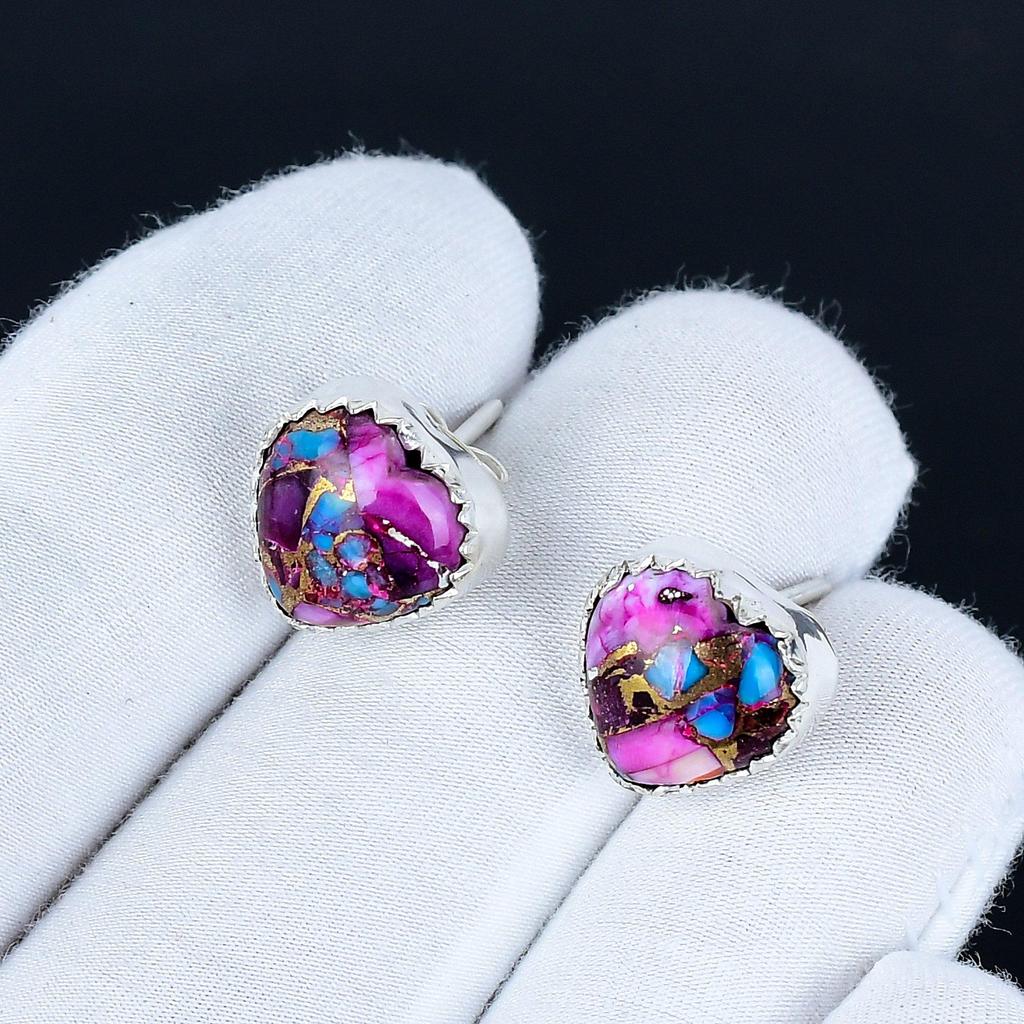 Kingman Spiny Turquoise Earrings | 925 Sterling Silver Stud Earrings | Handmade Gemstone Love Studs Heart Earrings | Boho Jewelry Valentine's Day Gift