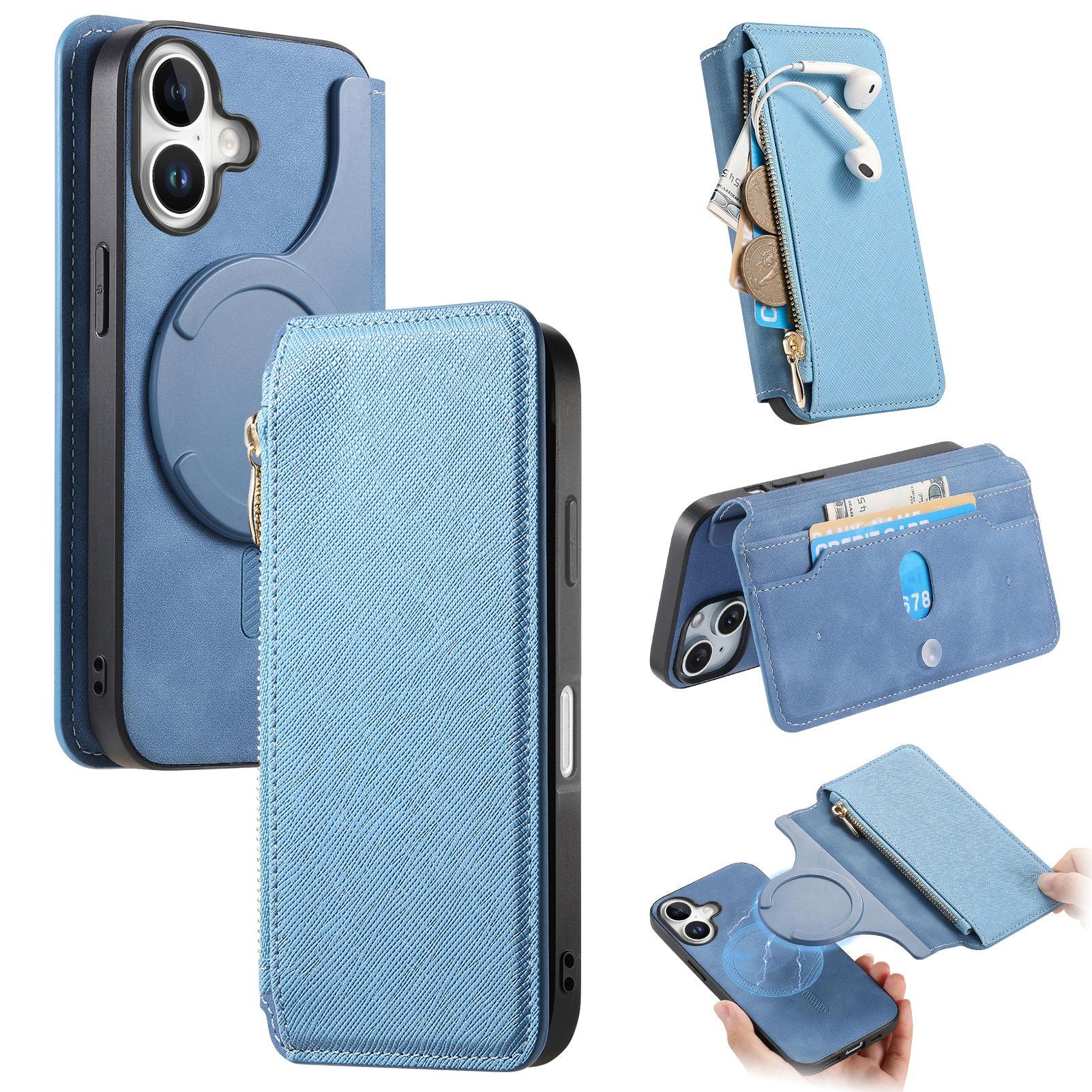 

CASENEO For iPhone 16 Plus Case Cross Texture Leather Detachable Magnetic Phone Cover Blue