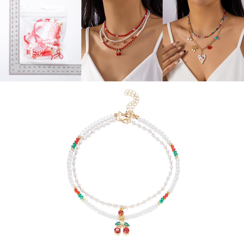 Romantic Heart Pearl Choker Necklace With Cherry And Strawberry Charms For Girls