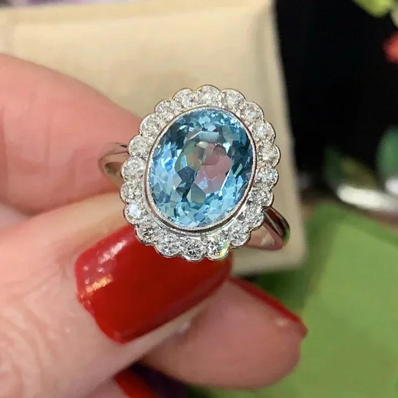 New Gorgeous Oval Sky Blue CZ Rings for Women Bling Vintage Accessories Elegant Lady's Finger Party Jewelry