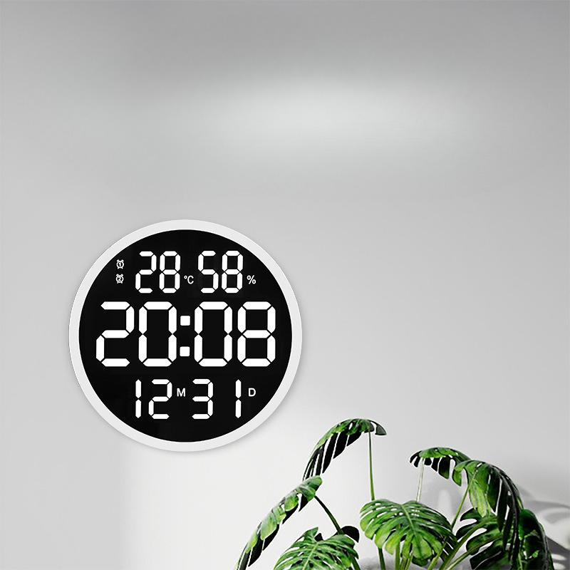 Korean Version LED Simple Wall Clock Living Room Round Clock Silent Digital Temperature and Humidity Electronic Clock 12-inch Wall Clock