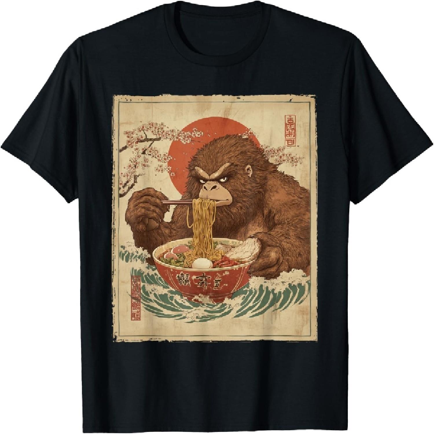 Bigfoot Eating Ramen Japanese Cryptid Sasquatch Ukiyo-e T-Shirt S