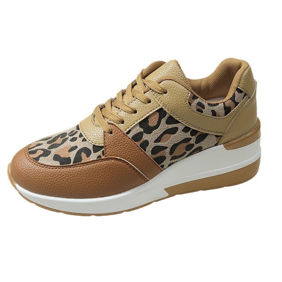 Luipaardprint Vetersluiting Schuin Hak Platform Casual Sneakers Dames Grote Maat Vierseizoenen Enkele Schoenen Hardloopschoenen Tide