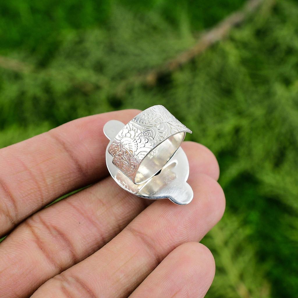 Gift For Her 925 Silver Natural Orthoceras Fossil Statement Adjustable Ring