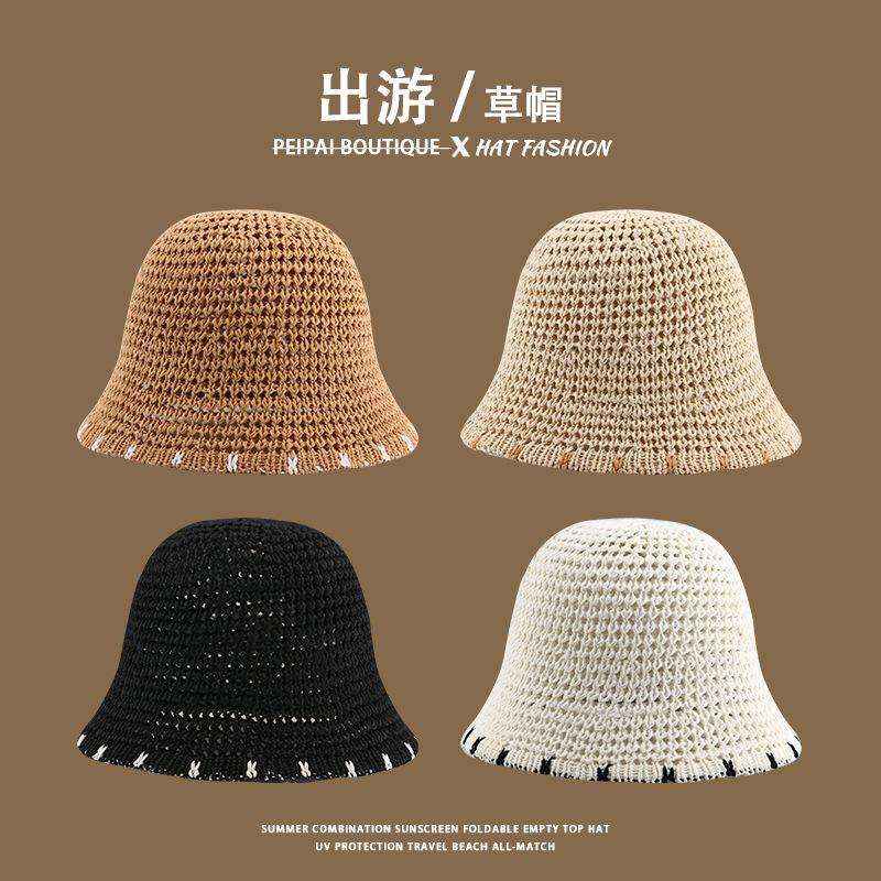 Women's Straw Hat Woven Sunshade Beach Hat Summer Hollow Breathable Bucket Hat Beach Sunshade Hat