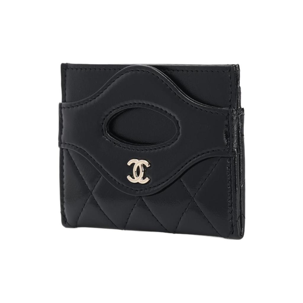 Chanel 24S Altın Toka Elmas Desenli Kareli Parlak Dana Derisi Kartlık ve Kart Çantası Unisex Çift Stili Siyah