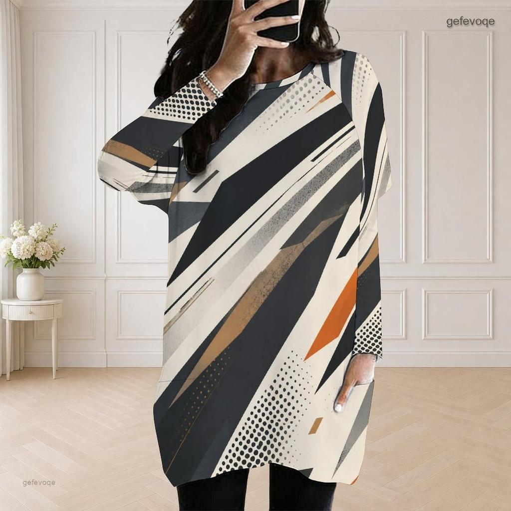 Women Plus Size Round Neck Long Sleeve Striped Printed Loose Longline Top With Pockets
