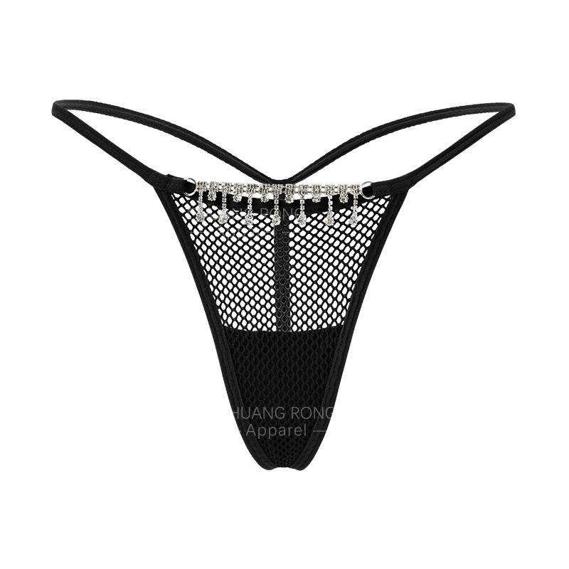 

European and American fun large-size T-pants, female sexy personalized diamond chain mesh splicing perspective breathable fitness thong S чёрный