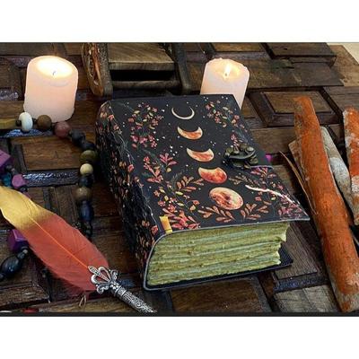 `400 Page Large Grimoire Vintage Leather Journal, Moon Phase Fat Journal, Blank Spell Book of Shadows Celestial Christmas Gifts For Him Her
