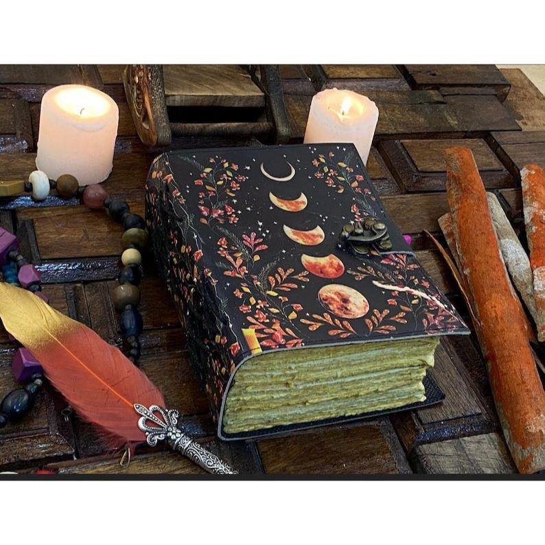 

`400 Page Large Grimoire Vintage leather journal, Moon Phase Fat Journal, Blank spell book of shadows Celestial Christmas Gifts For Him Her 7 x 5 in