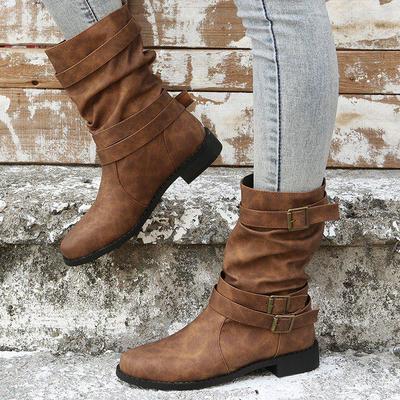 Plus Size Low Heel Buckle Knight Boots – Women's Mid-Calf Retro Leather
