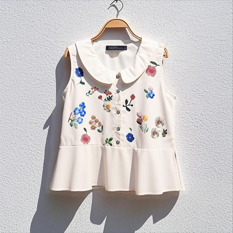 

ZANZEA Women Casual Turn Down Collar Loose Sleeveless Floral Tank Tios S абрикосовий