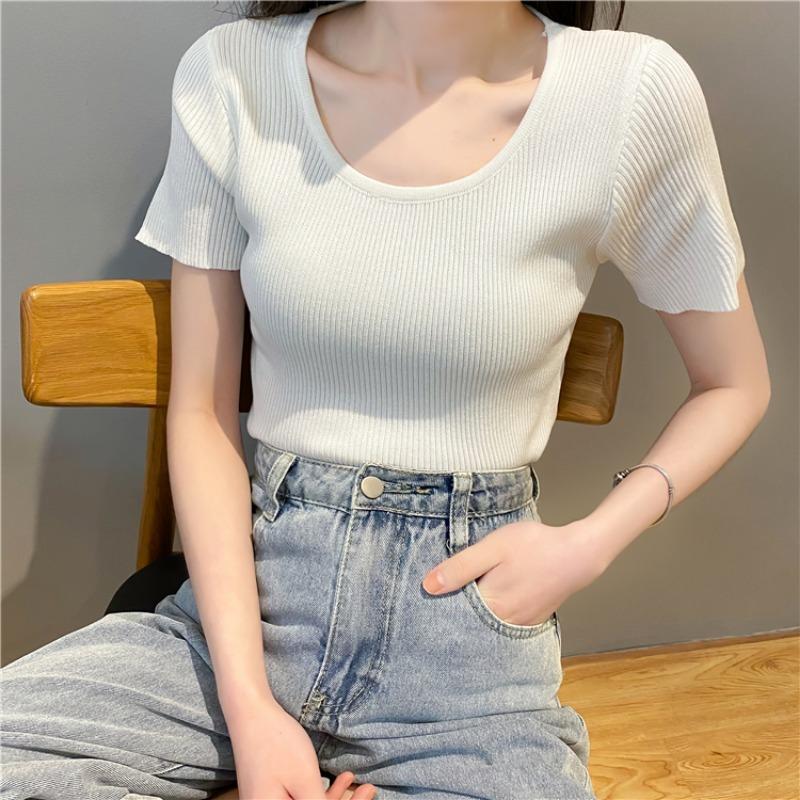 New Summer Round Neck Knitted Short Sleeve T-shirt Women Slim Fit Elastic Solid Casual Women's T Shirts Tops Fashion Elegant Simple Female Tee 26319