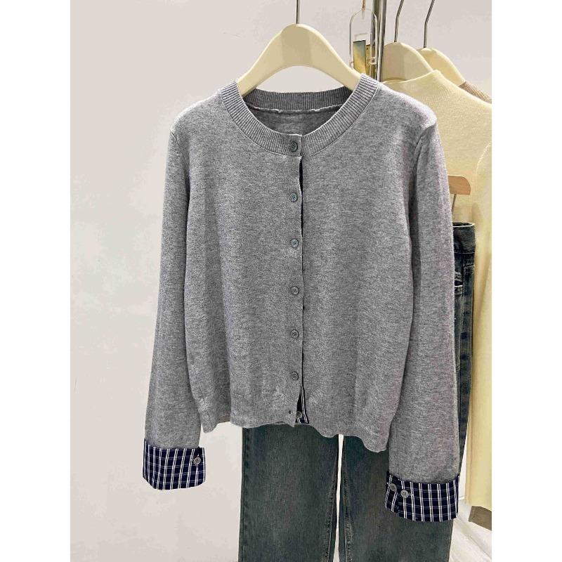 Premium Plaid Splicing Top Jacket Women's Autumn Stacking Wear Soft Waxy Knitted Sweater Cardigan