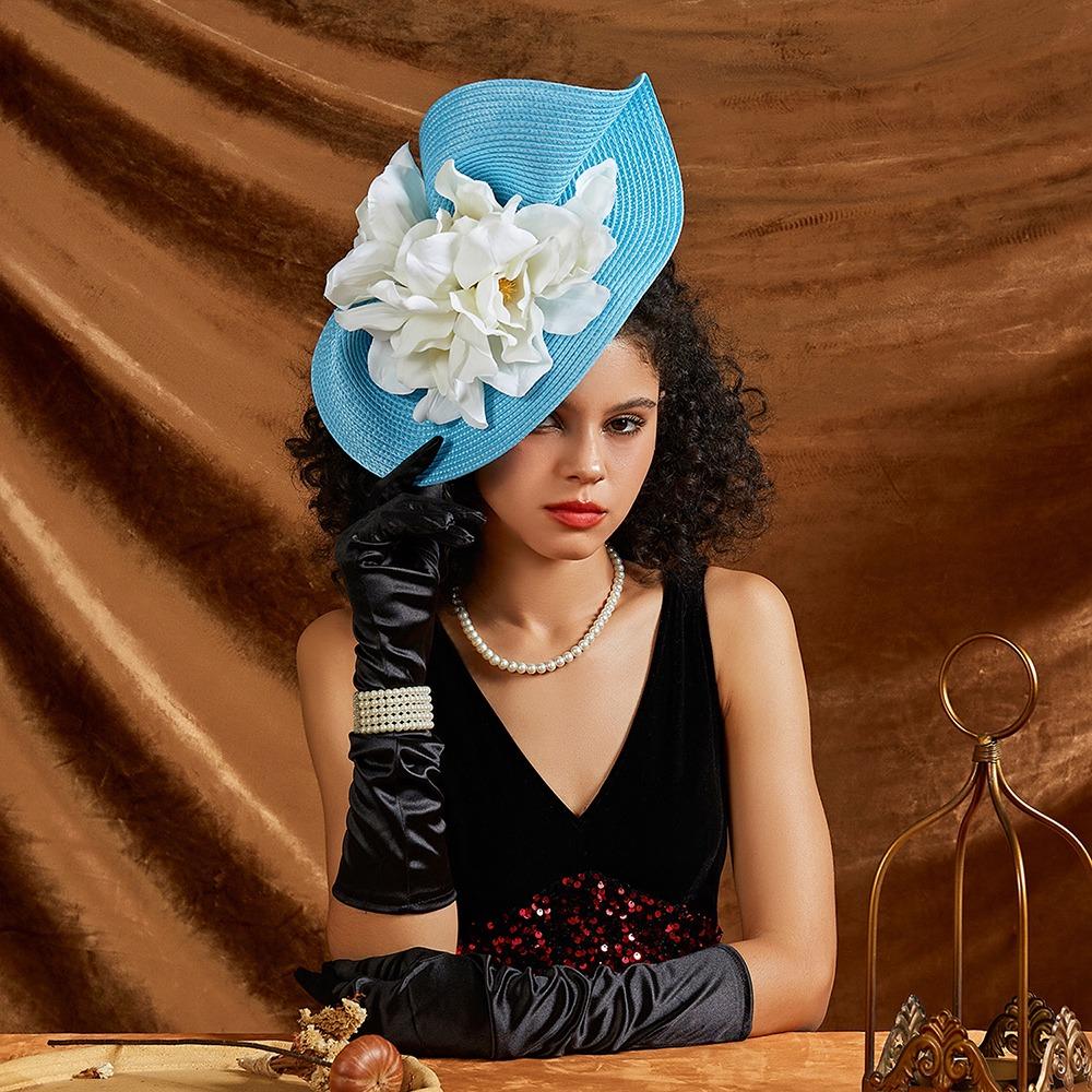 

Elegant Magnolia Hair Band Bridal Makeup Prom Exaggerated Tea Party Fascinator Hat Headdress Women озеро синього кольору