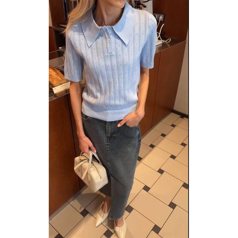 Elsa European and American Women Clothes 2025 Summer New Russian Hollow Lapel Short Sleeve Knit Niche Half Sleeve Top