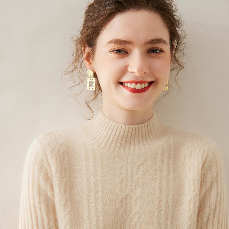 2024 Autumn/Winter Women's Retro Cable Knit Half-High Neck Cashmere Loose Pullover Sweater - Simple Solid Color Base Layer