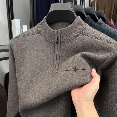 Men's Autumn/Winter Embroidered Knit Sweater: Zipper Stand Collar, Middle-aged Style, Fashionable & Thick, Versatile Warmth