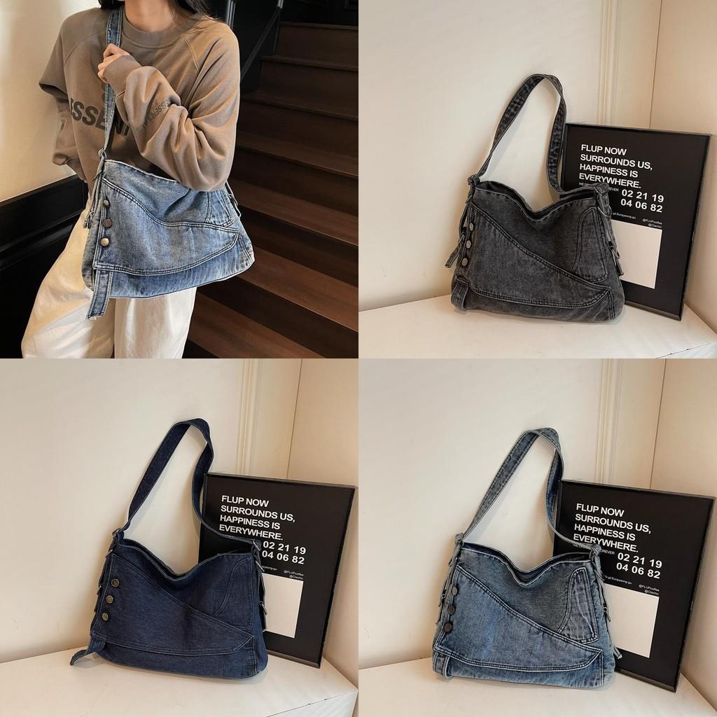 Fashion Denim Bag With Spliced Design And Zipper Closure For Daily Use