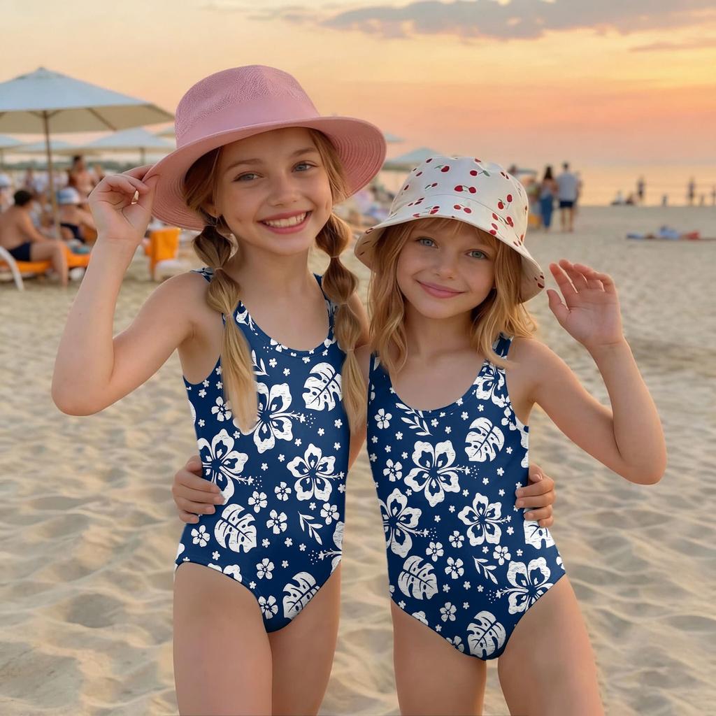 Girls One Piece Swimsuit Hawaiian Floral Print Summer Swimwear Kids Casual Beachwear Pool Outfit for Children