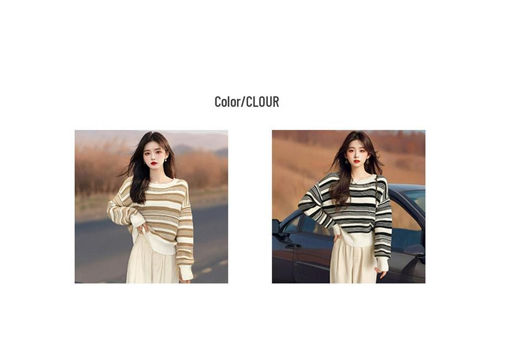 2025 Autumn Korean Striped Loose Knit Pullover Sweater for Women