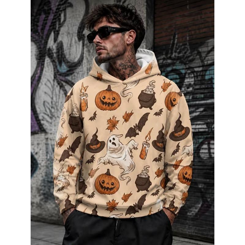 Men Halloween Hoodie Pumpkin Skull Ghost Bat Graveyard Castle Tombstone Moon Pattern Pullover Spooky Party Casual Sweatshirt