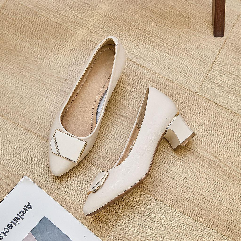 Women's French-Style Chunky Heel Cowhide Shoes - 2025 New Soft Sole, Low-Cut, Comfortable for Long Wear, Versatile for Work and Banquets