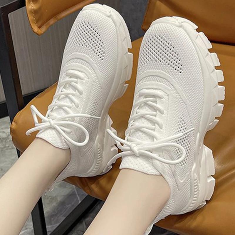 

Fashion Comfortable Breathable Mesh Sports Women Spring Autumn Wear-Resistant Thick Platform Sneakers Woman Solid Lace Up Shoes Lady 40 белый