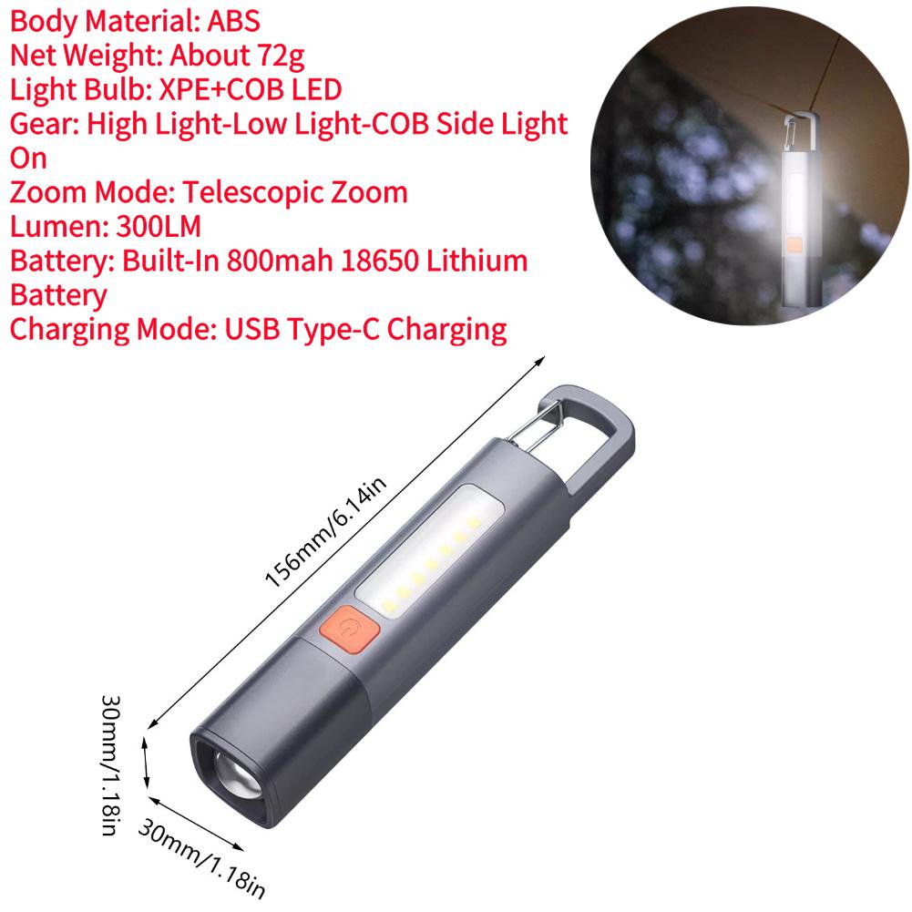 XPE Pocket Work Light COB LED Mini Keychain Light 500/1000LM Type-C USB Rechargeable Emergency Flashlight for Outdoor Camping