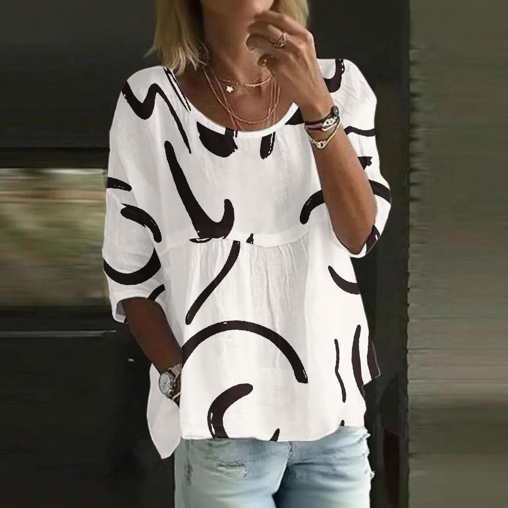 Linen Shirts For Women 3/4 Sleeve Button Down O Neck Summer Tops Dressy Casual Cute Shirts