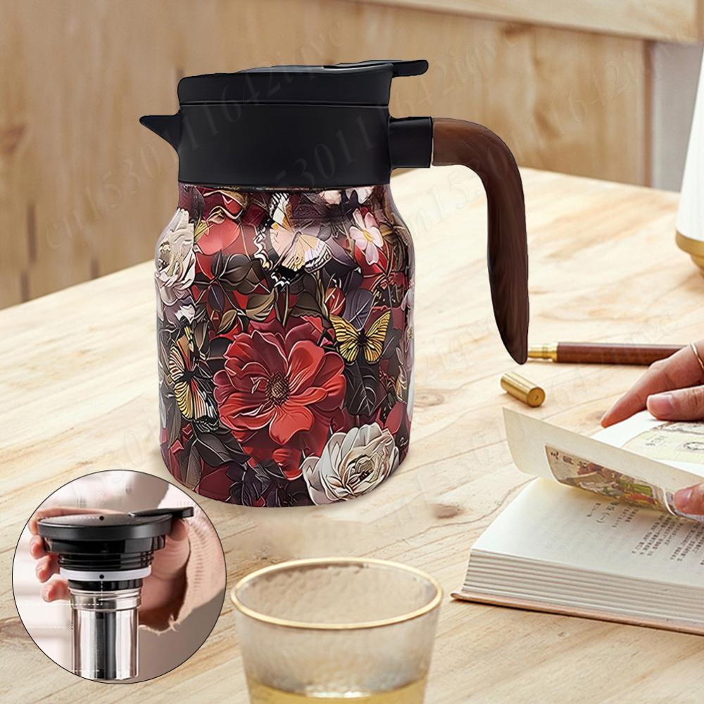 Kitchen Tea Kettle 800ml Retro Floral Tea Kettle Stainless Steel with Infuser Tea Separation Thermal Insulation Pot Wood Handle
