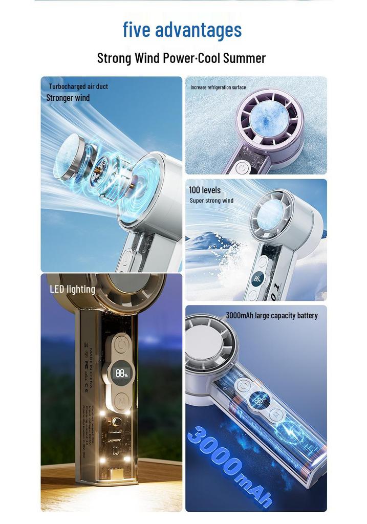 Portable High-Speed Handheld Fan with Digital Display and Cooling Ice Pack