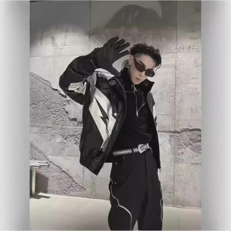 American Retro Contrast Color Splicing Motorcycle Leather Jacket for Men and Women, Korean Style BF Loose Fit.