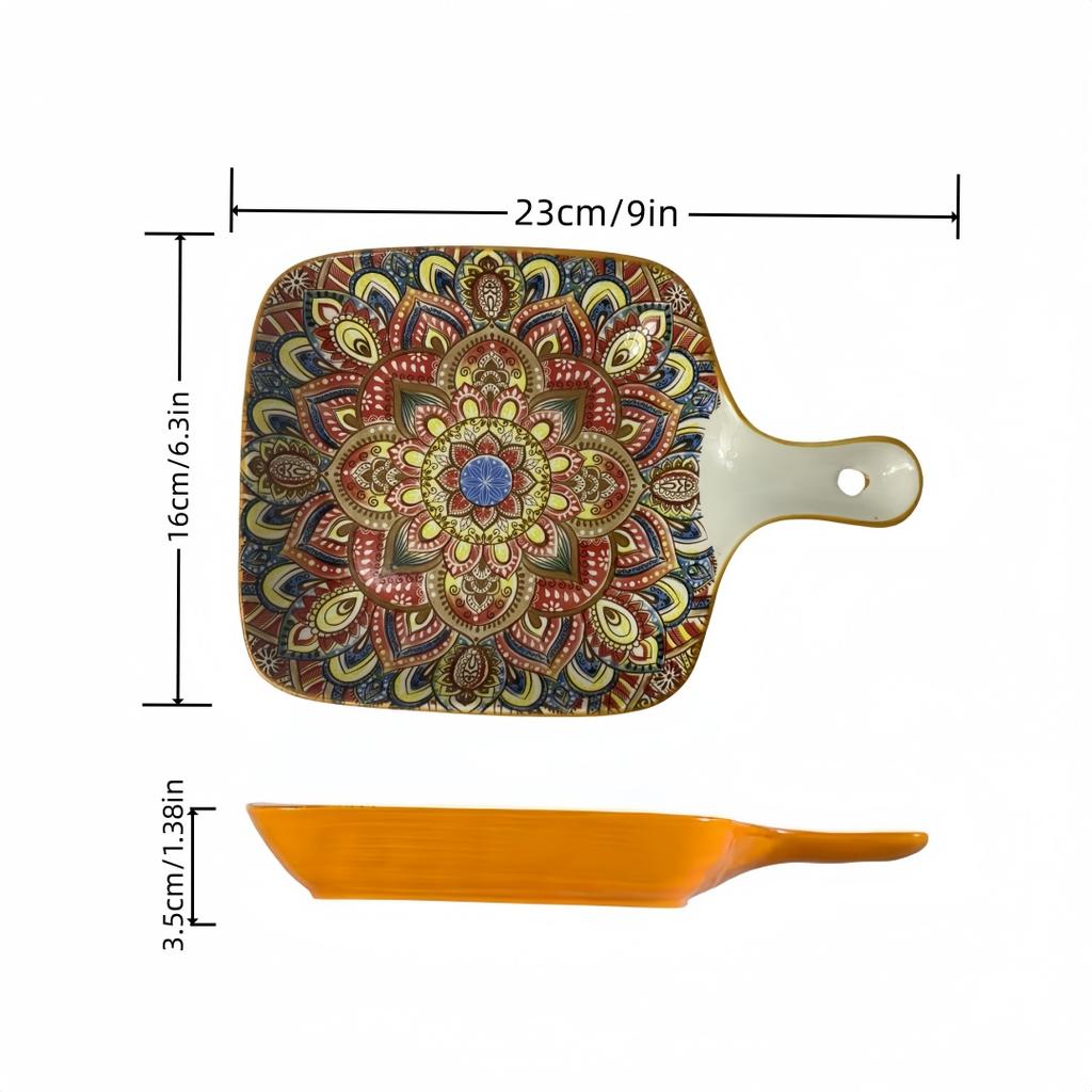 Bohemian Handle Square Ceramic Plate, Creative Household Dish Plate, Internet Celebrity Fruit Pasta Plate, High-value Snack Plat