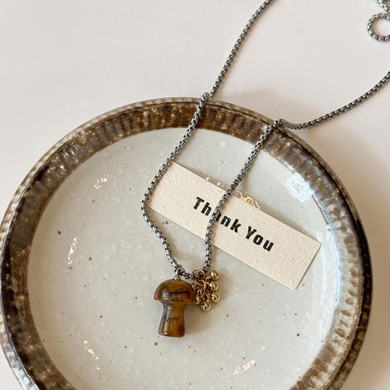 Mushroom Pendant Necklace Steel Spotted Tigers Eye Stone Delicate for Unique Style Enthusiasts and Matching Multi Styles