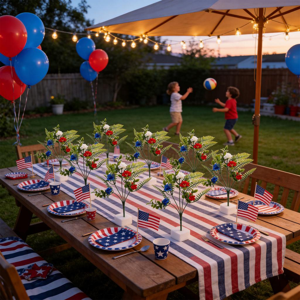 Patriotischer Rot-Blauer Künstlicher Rosenstrauß 3 Stück für Unabhängigkeitstag Party Dekoration Farn Arrangement