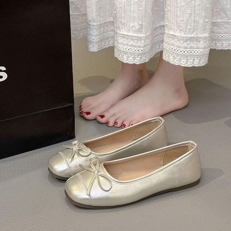 Bow square head flat sole shoes women's summer 2025 new retro versatile silver light mouth gentle beanie shoes