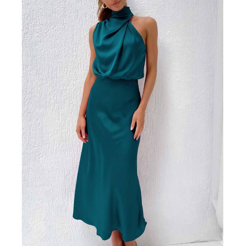Abito da Sposa Estivo Senza Maniche con Spalle Scoperte in Seta Satinata alla Moda Abito Sexy da Damigella Elegante Abito Lungo da Sera per Feste 28057