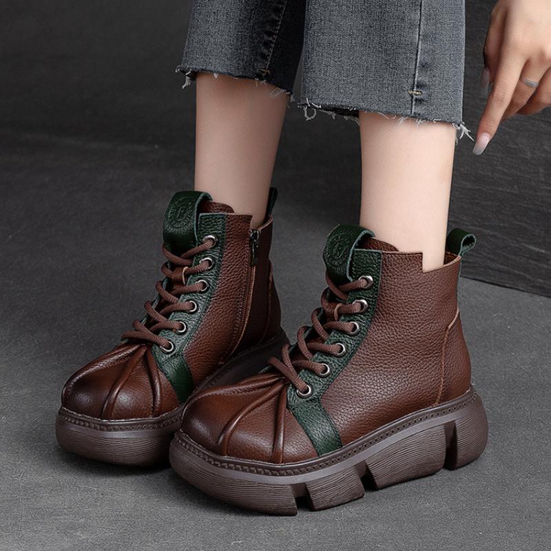 Johnature 2023 autunno inverno nuovi stivali corti retrò donna in vera pelle colori misti scarpe con plateau versatili con suola spessa