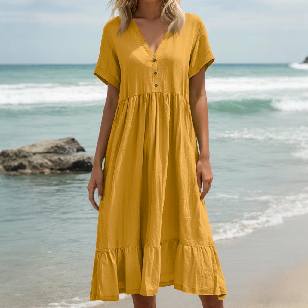 Women's Summer Loose V Neck Short Sleeve Dress, Elegant Dress