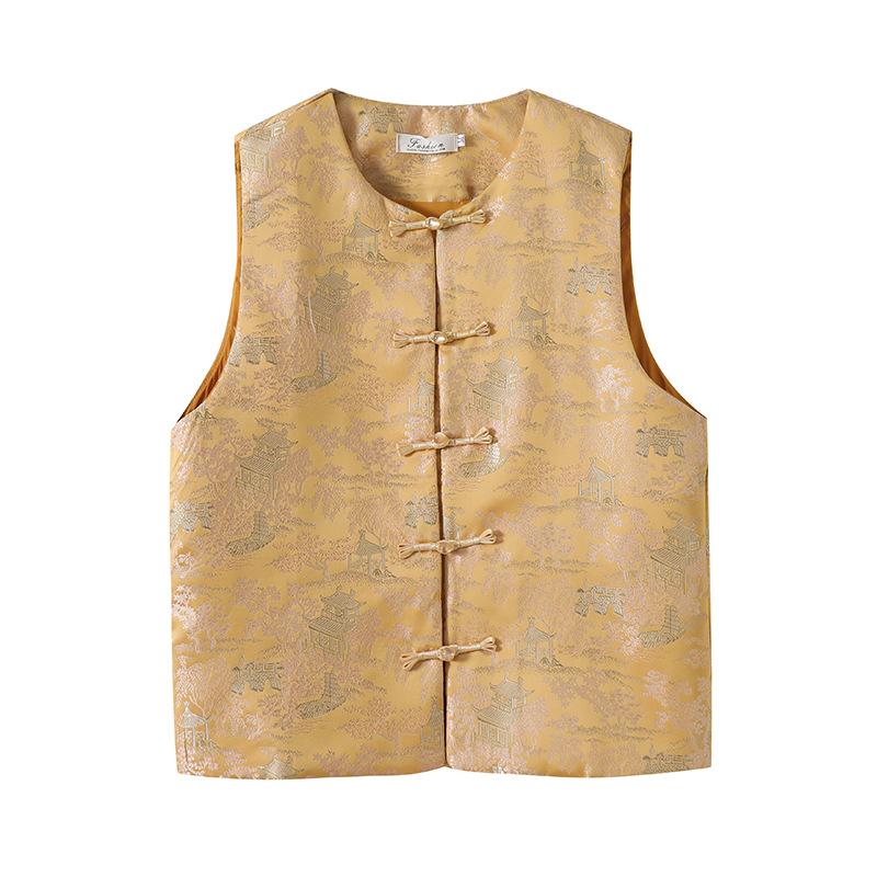 

Женский жилет из настоящего жаккардового парчового материала, новинка начала весны 2025 года, жилет-топ со сладким темпераментом XXXL [Recommended 138-75kg] жёлтый