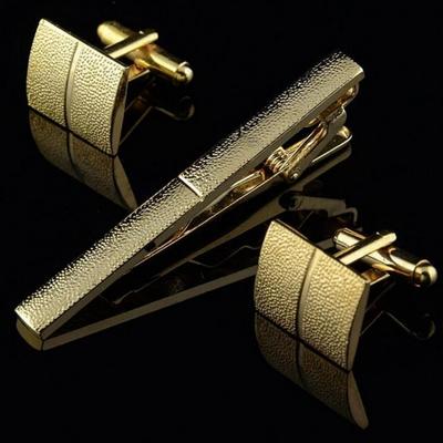Men Metal Necktie Tie Bar Clasp Clip Cufflinks Set Gold Simple Gift