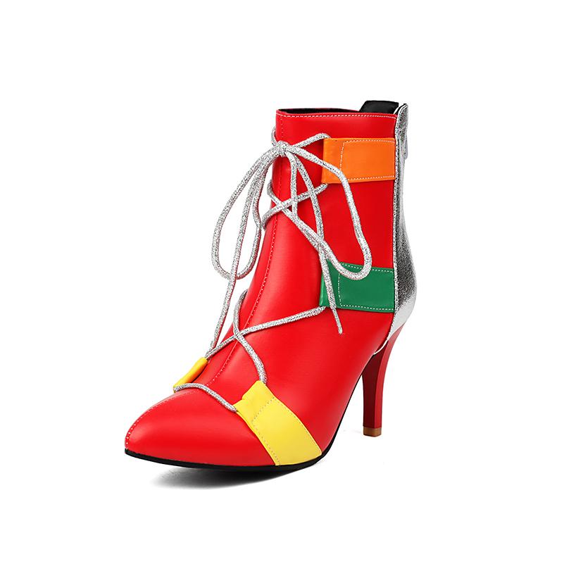 

Plus Size PU Spliced Microfiber Pointed High Slim Sexy High-Heeled Short Boots Multi-Color Cross Tie Straps Zipper Ankle Boots 34 червоний