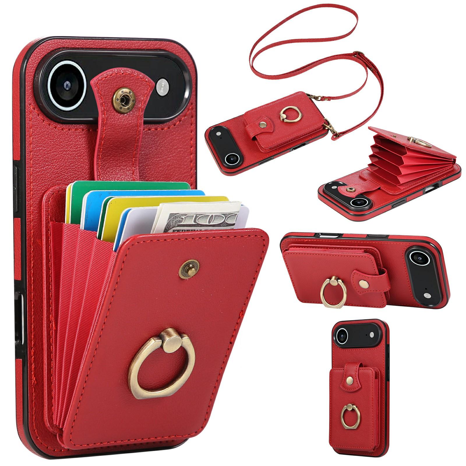 

For iPhone 17 Air Case Card Holder Ring Kickstand TPU+PU Leather Phone Cover with Long Strap Red